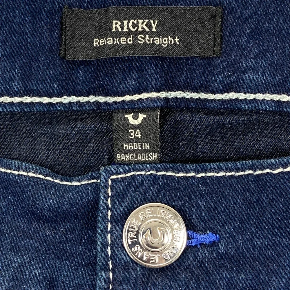 NEW True Religion Jeans Mens 34x34 Blue Denim Ricky Flap Distressed Straight Leg